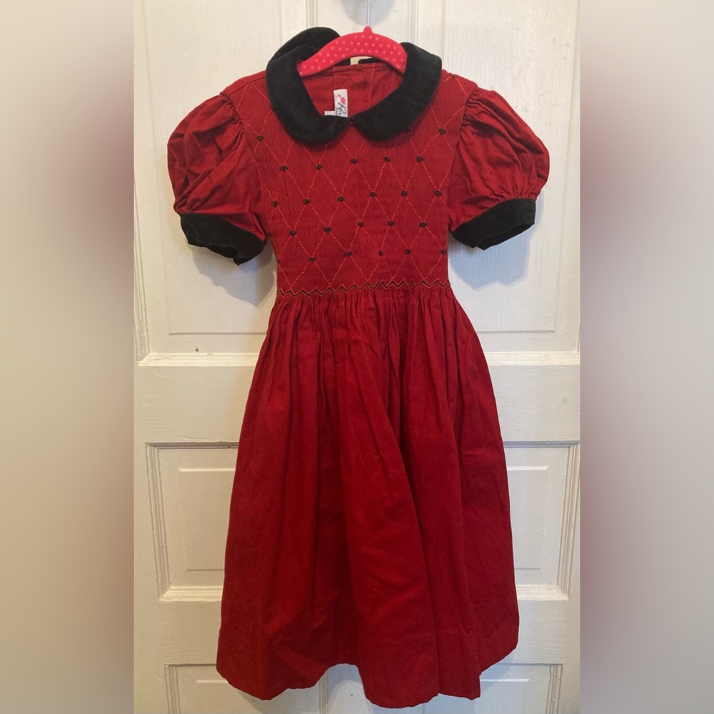 Pervenche size 5 burgundy dress Smocked Corduroy Embroidered Christmas Dress